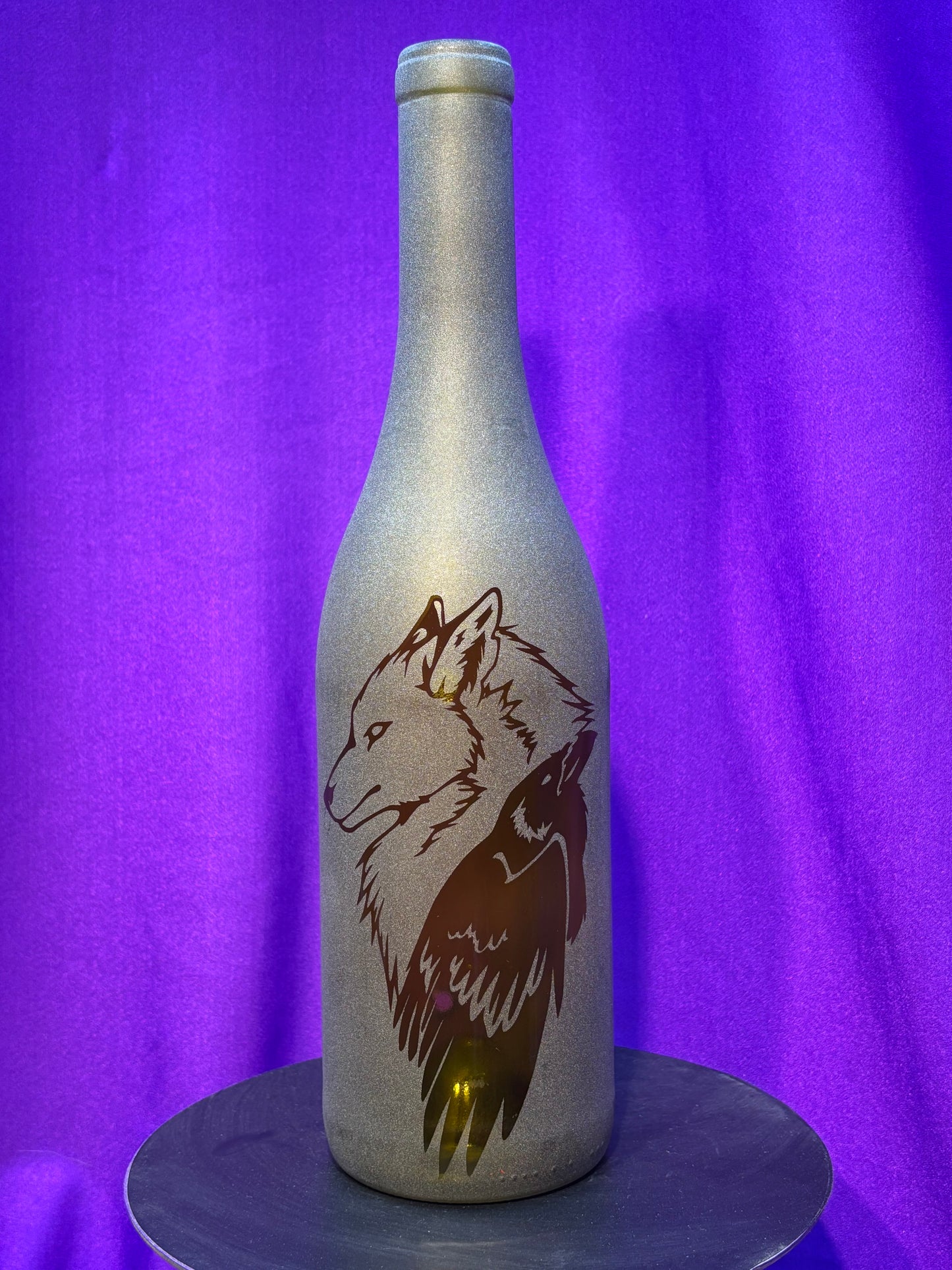Sandblasted Wolf-Raven Incense Holder Bottle