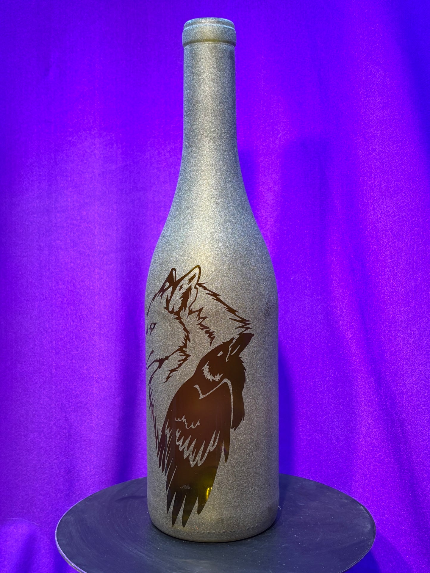 Sandblasted Wolf-Raven Incense Holder Bottle