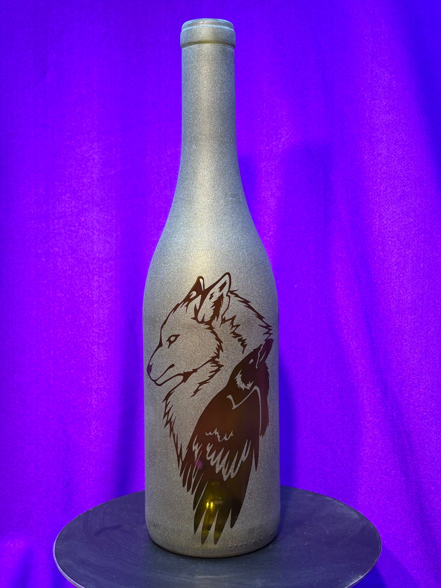 Sandblasted Wolf-Raven Incense Holder Bottle