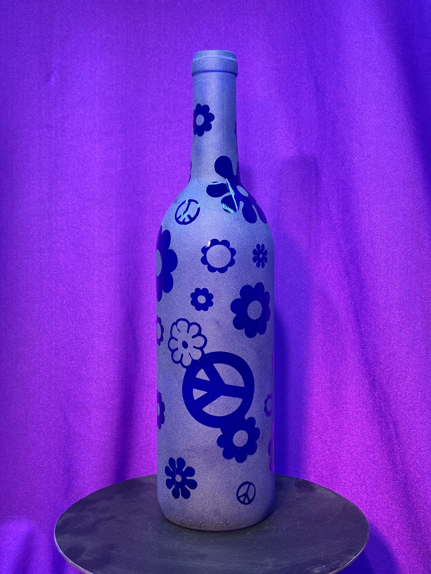 Sandblasted Flower Peace Incense Holder Bottle - Blue