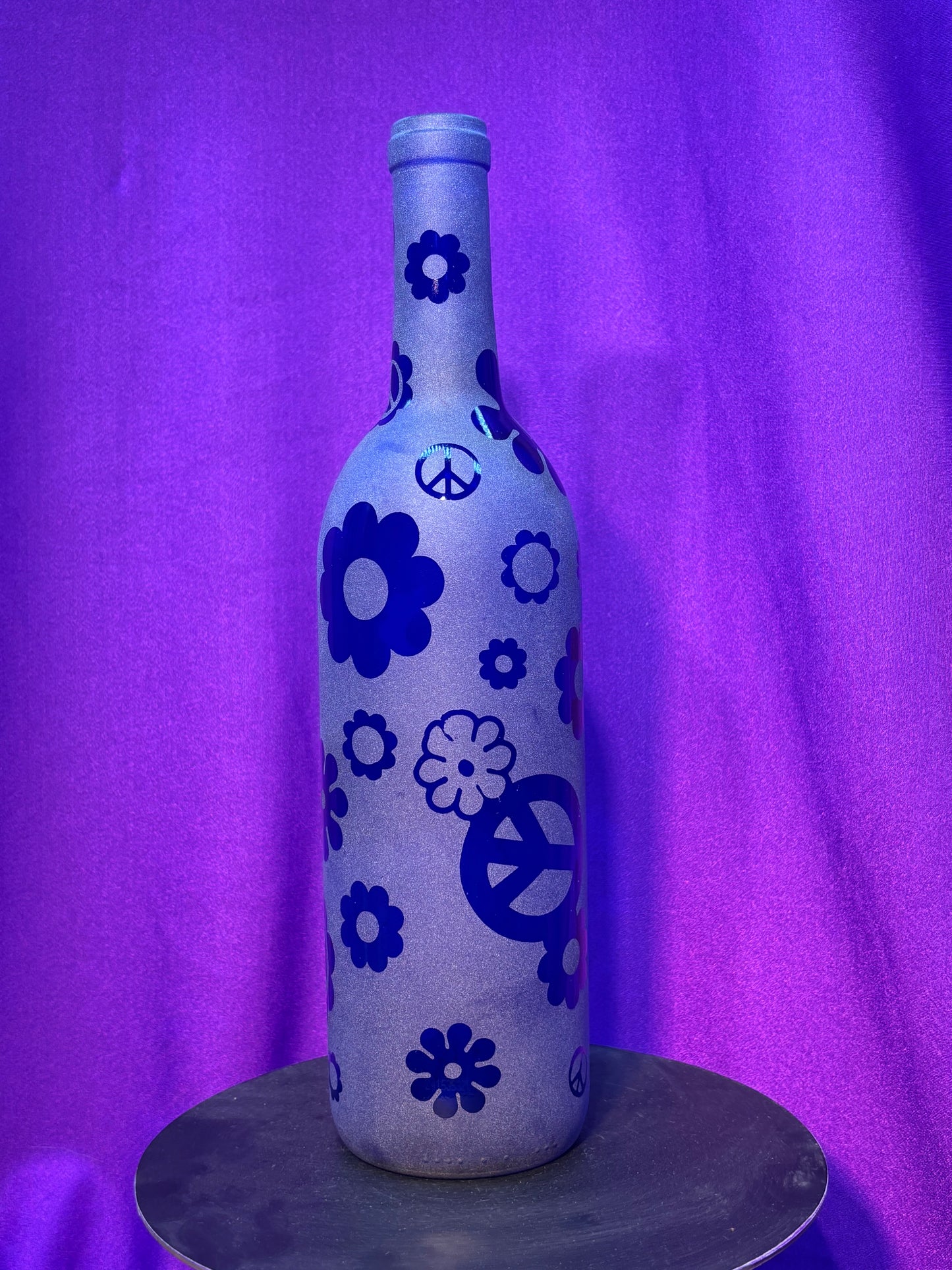 Sandblasted Flower Peace Incense Holder Bottle - Blue
