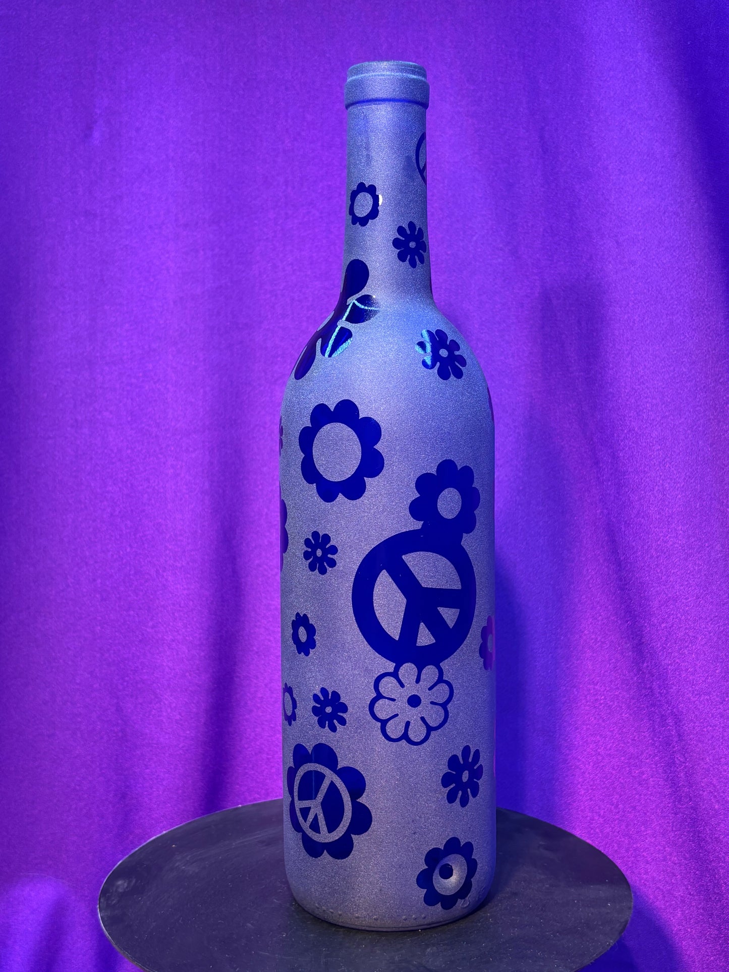 Sandblasted Flower Peace Incense Holder Bottle - Blue