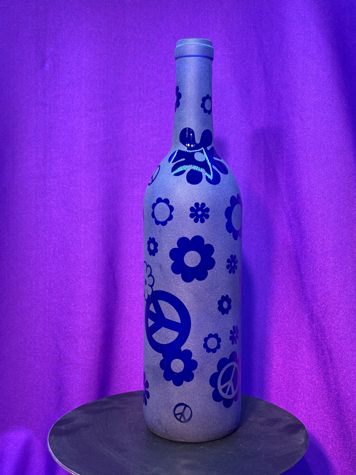 Sandblasted Flower Peace Incense Holder Bottle - Blue